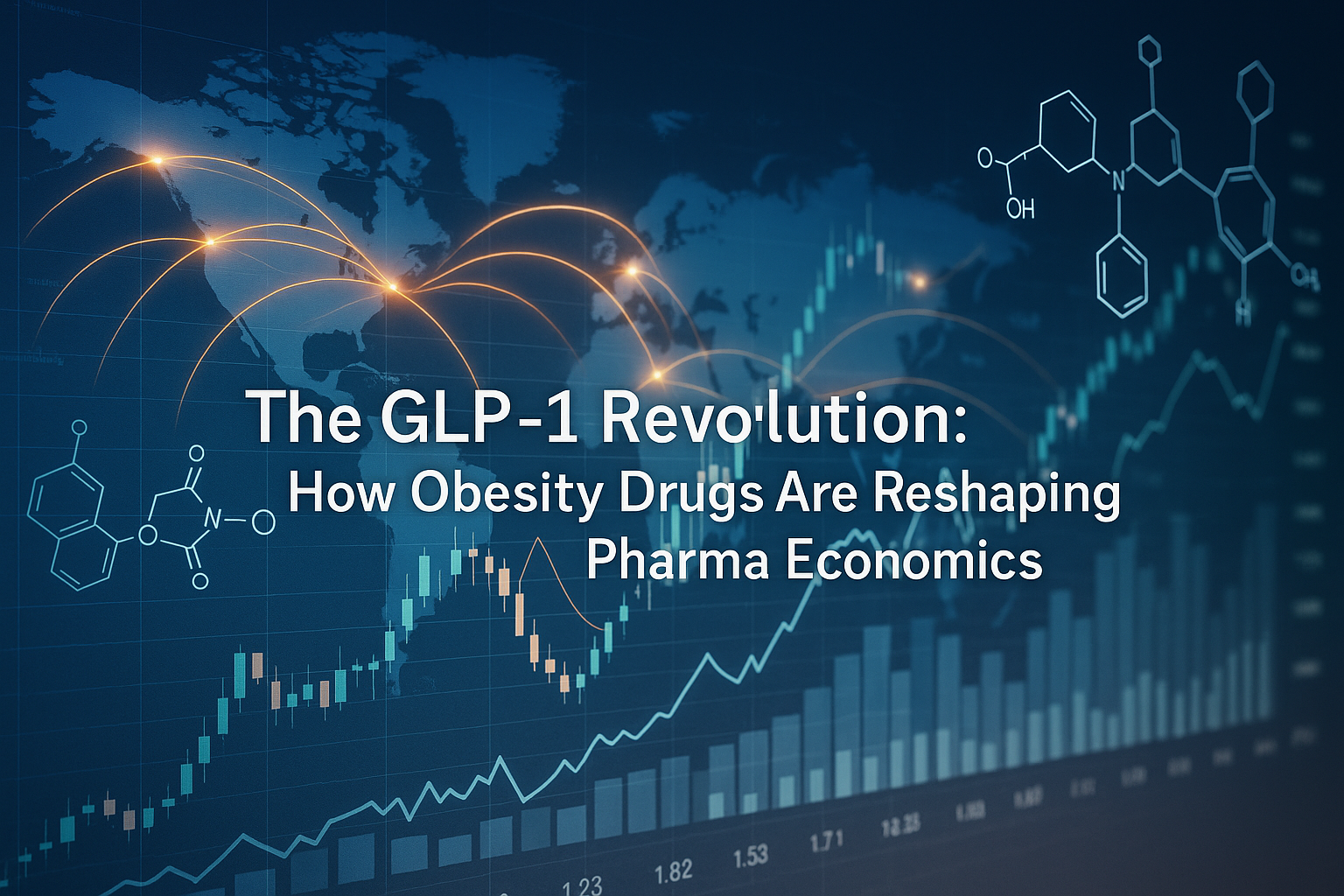 Modern pharmaceutical lab with digital charts and GLP-1 research vials illustrating the global economic impact of obesity drugs.