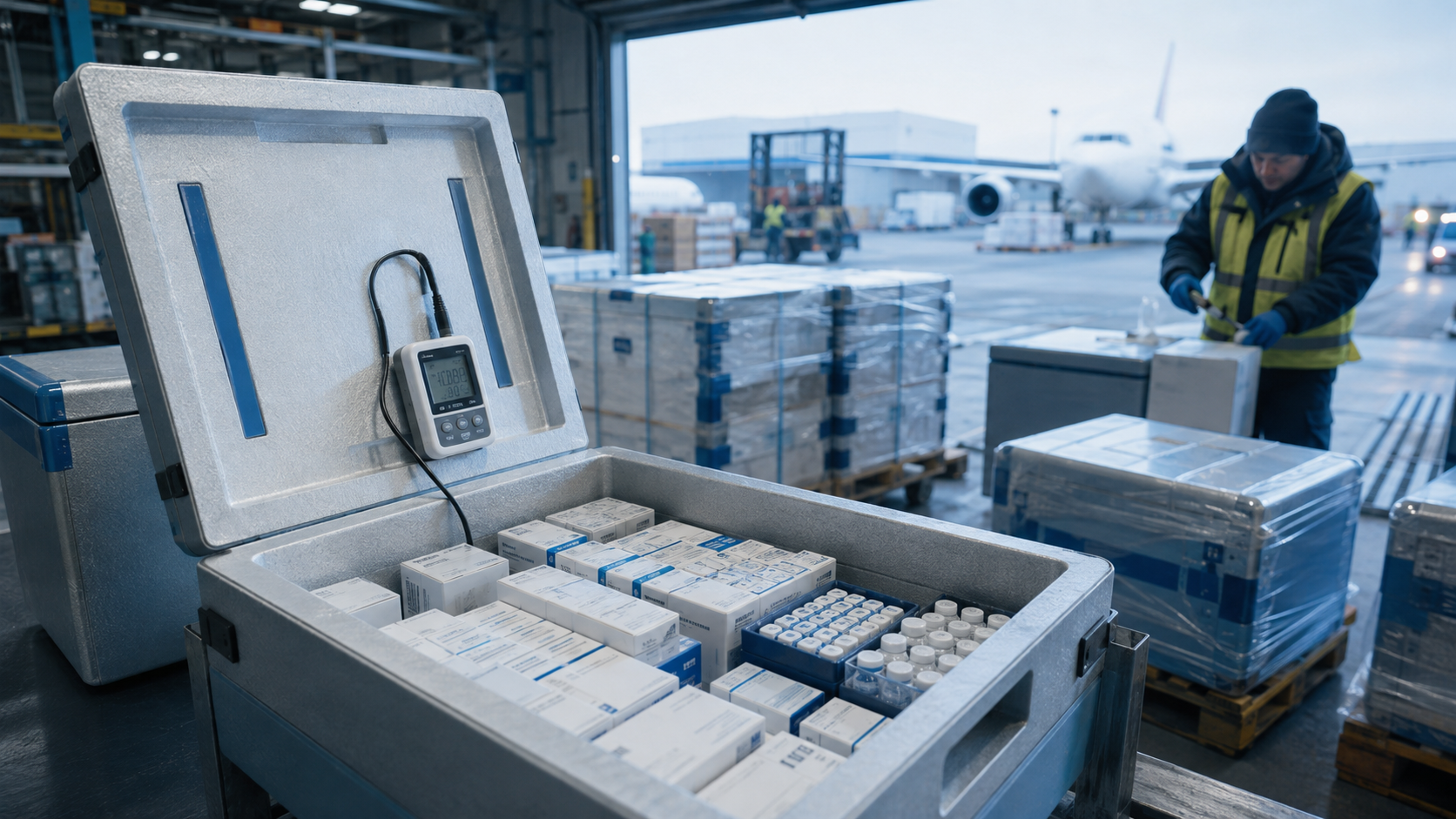 Temperature-controlled pharmaceutical shipment under GDP-compliant cold chain conditions