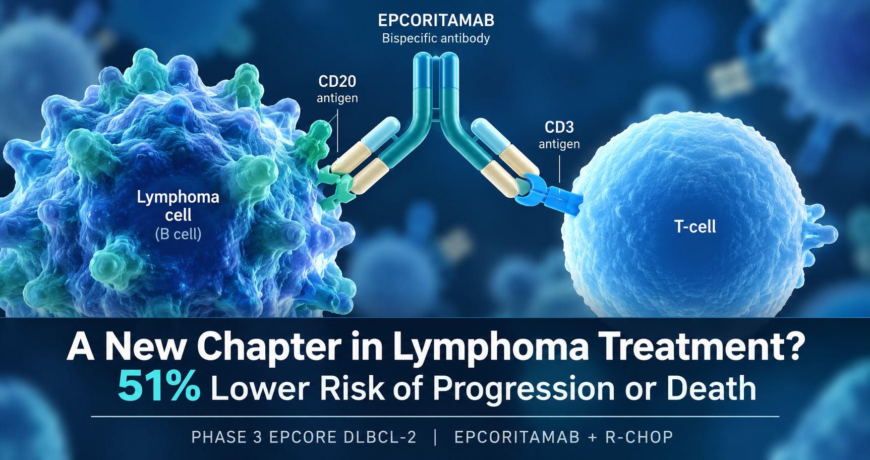 Scientific infographic showing bispecific antibody therapy Epcoritamab binding CD3 on a T-cell and CD20 on a lymphoma cell, alongside text detailing a 51% risk reduction in newly diagnosed DLBCL patients.