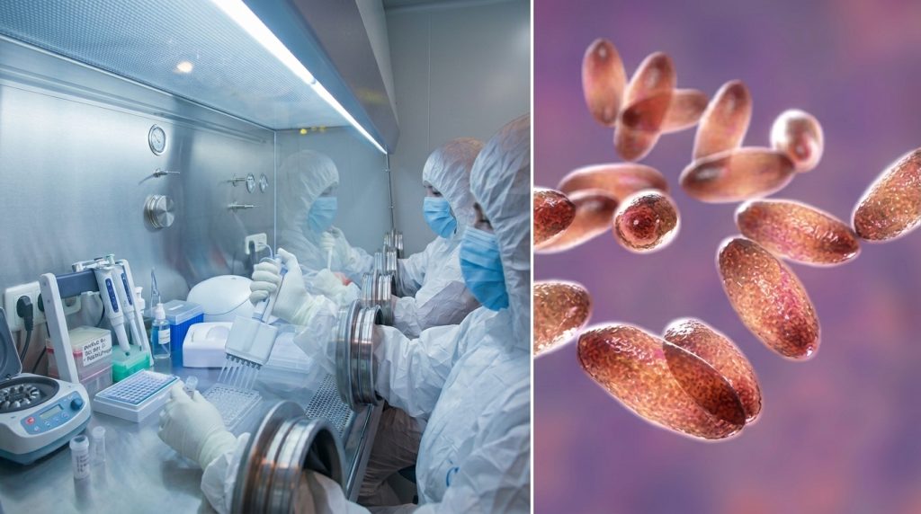 Scientists working in a BSL biosafety cabinet alongside a microscopic rendering of Yersinia pestis bacteria for an analysis of the Russian plague laboratory incident.