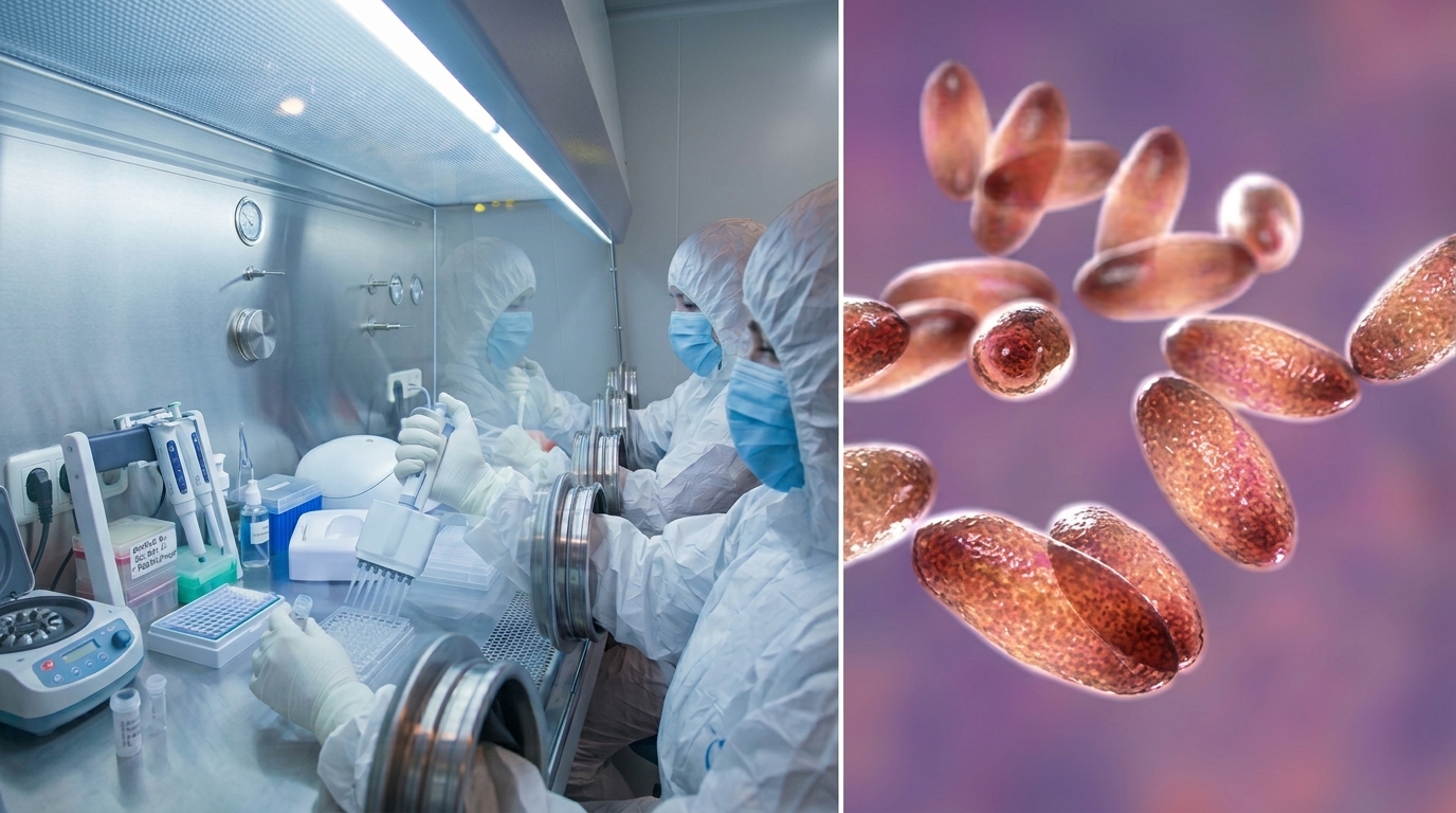 Scientists working in a BSL biosafety cabinet alongside a microscopic rendering of Yersinia pestis bacteria for an analysis of the Russian plague laboratory incident.