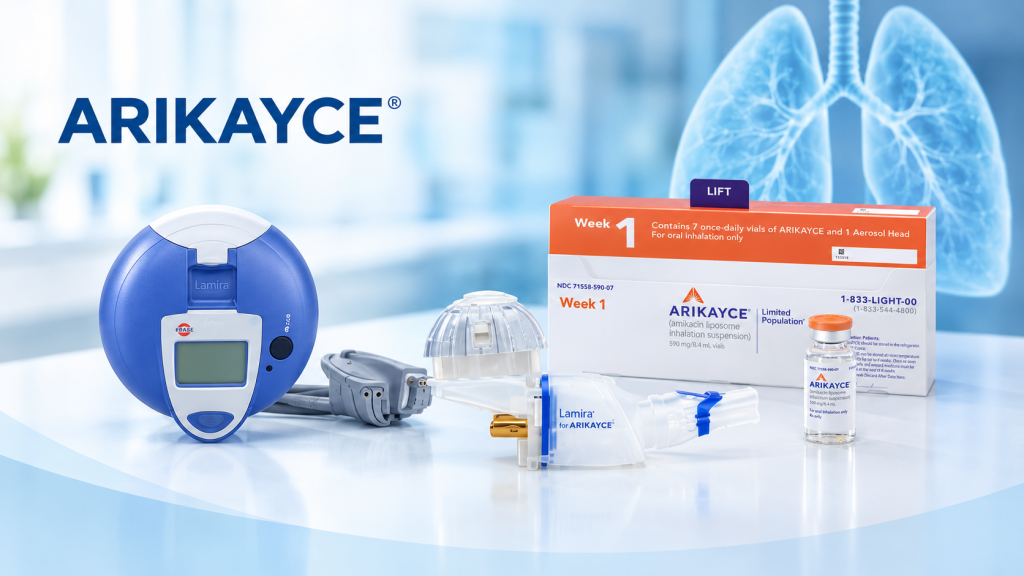 ARIKAYCE liposomal 590 mg nebuliser dispersion with Lamira Nebuliser System and medicine vial.
